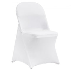 White stretch spandex chair cover fitted on a folding chair.