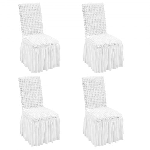 Four white stretch spandex folding chair covers with pleated skirts.