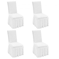 Four white stretch spandex folding chair covers with pleated skirts.