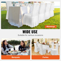 White stretch spandex folding chair covers with pleated skirts in a 4-pack, shown on chairs for weddings, banquets, and parties.