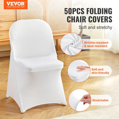 White stretch spandex covers for folding chairs, shown on chairs and highlighting soft, stretchy fabric.