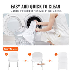 A person loads white chair covers into a washing machine, with a 3-step installation guide below.