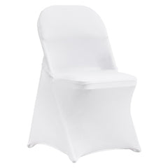 A white stretch spandex folding chair cover is shown on a chair.