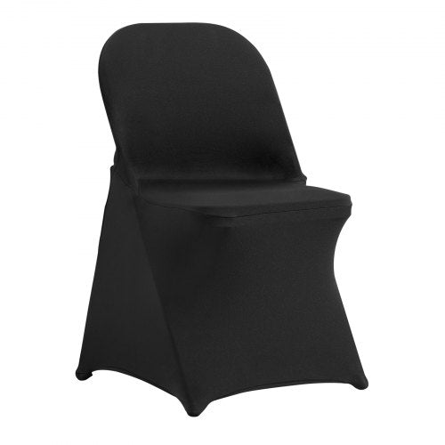 Black spandex folding chair covers, universal fit, designed for elegant event styling.