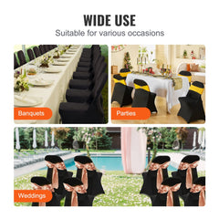 Black spandex folding chair covers, universal fit, designed for elegant event decor.