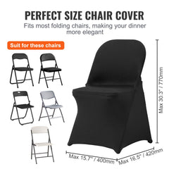 Black spandex folding chair covers in a pack of 30, designed for a fitted look and durability.