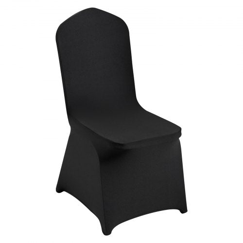 Black stretch spandex chair cover fitted on a folding chair with a smooth, wrinkle-free finish.