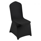 Black stretch spandex chair cover fitted on a folding chair with a smooth, wrinkle-free finish.