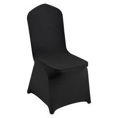 Black stretch spandex chair cover fitted on a folding chair with a smooth, wrinkle-free finish.