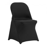 Black stretch spandex covers fitted on folding chairs, sold in sets of 50.