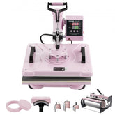 Pink 8-in-1 heat press machine with 12x15-inch platen and 30oz tumbler attachment.