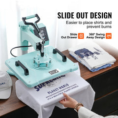 Green 8-in-1 heat press machine with 12x15in platen, swing-away arm, pull-out drawer, and 30oz tumbler attachment.