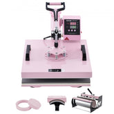 Pink 5-in-1 heat press machine with 15x15" plate and 30oz tumbler press attachments.