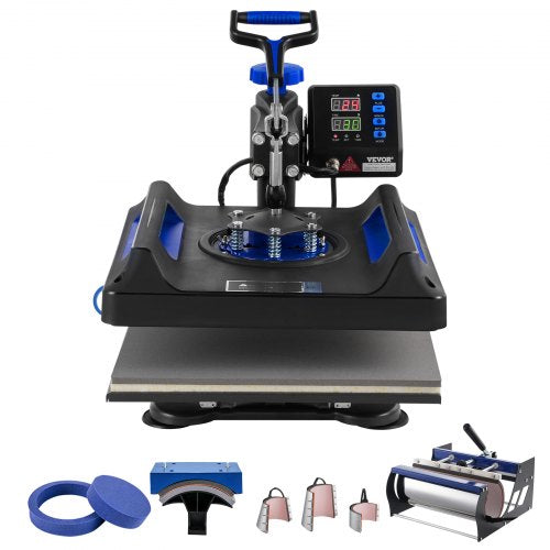 Bostome 8-in-1 heat press machine with 15x15in black platen, blue accents, and attachments for tumblers, mugs, and hats.