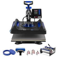 Bostome 8-in-1 heat press machine with 15x15in black platen, blue accents, and attachments for tumblers, mugs, and hats.