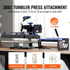 Black and blue 8-in-1 heat press machine with 15x15-inch platen and 30oz tumbler attachment for mugs.