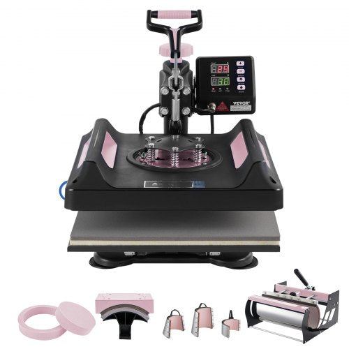 Bostome 8-in-1 black heat press machine with 15x15-inch platen, pink accents, digital display, and 30oz tumbler attachment.