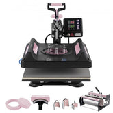 Bostome 8-in-1 black heat press machine with 15x15-inch platen, pink accents, digital display, and 30oz tumbler attachment.