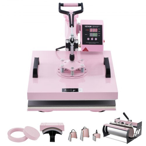Pink 15x15 8-in-1 Bostome heat press machine with tumbler attachments.