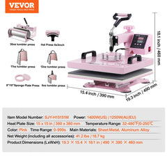 Pink 15x15 8-in-1 heat press machine with 30oz tumbler attachment.