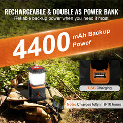 Portable rechargeable LED camping lantern with 4400mAh power bank and USB charging.