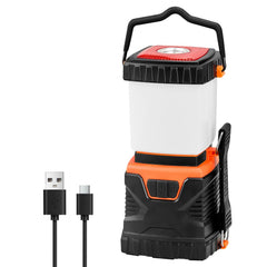 Black and orange rechargeable LED camping lantern with USB-C cable and handle.
