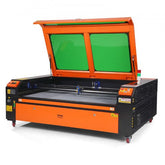 Orange Bostome 130W CO2 laser engraver with open lid, green tinted windows, and 35x55in work area.