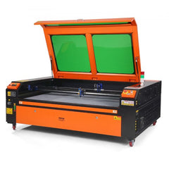 Orange Bostome 130W CO2 laser engraver with open lid, green tinted windows, and 35x55in work area.