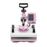 Pink heat press machine with digital control for t-shirt designs and user-friendly operation.
