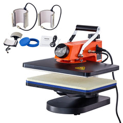 Orange 6-in-1 swing-away heat press machine with 12x15 platen, attachments, and digital controls.