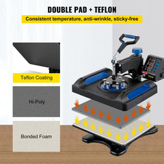 Skyshalo 12x15 heat press machine with 360° swing away design and digital control display.