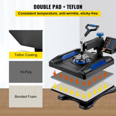 Blue 15x15 heat press machine with 360 swing away arm, digital controls, Teflon coating, double pads, and bonded foam base.