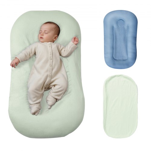 Infant lounger with sleeping newborn in green cotton cover, plus blue cover and spare green one.