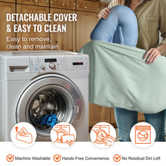 Woman removing detachable cotton cover from blue baby lounger near washing machine.