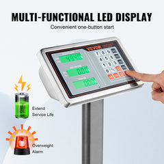 Digital platform scale with a carbon steel surface, displaying a multi-functional LED screen.