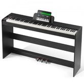 Black Bostome 88 key digital piano with dual keyboard and weighted keys for realistic play.
