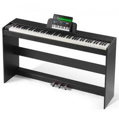Black Bostome 88 key digital piano with dual keyboard and weighted keys for realistic play.