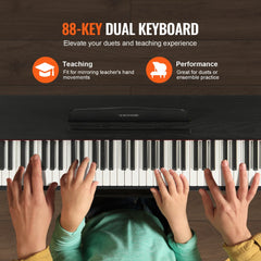Black digital piano with 88 weighted keys and dual keyboard feature for teaching and practice.