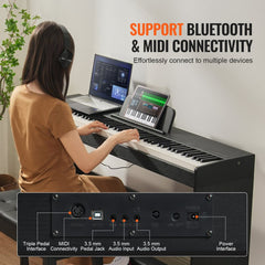 Bostome 88 key digital piano in black with dual keyboard and weighted keys for realistic play.