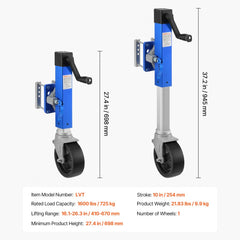 Heavy duty swivel boat trailer tongue jack with 1600 lbs capacity and 360-degree caster wheel.