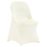 Ivory white stretch spandex chair covers on folding chairs, pack of 30.