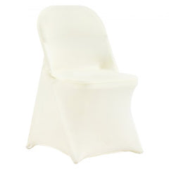 Ivory white stretch spandex chair covers on folding chairs, pack of 30.