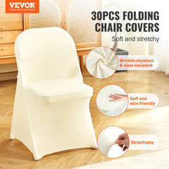 Ivory white stretch spandex covers for folding chairs, pack of 30, showing soft, wrinkle-resistant fabric.