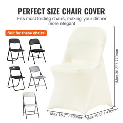 Ivory white stretch spandex chair covers fitting various folding chairs, shown in a 30-piece set.