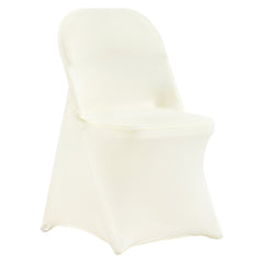 Ivory white stretch spandex chair covers on folding chairs.