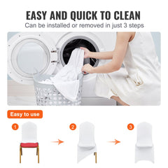 Woman installing white spandex chair cover on folding chair in three steps, with laundry basket nearby.