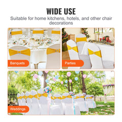Golden yellow spandex chair sashes with round buckle, set of 100 for elegant event decor.
