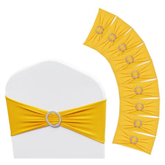 Golden yellow spandex chair sashes with round buckles, suitable for chairs up to 19.7 inches wide.