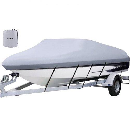 Heavy duty 210D marine grade boat cover for 16-18.5ft V-Hull boats in gray.