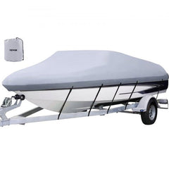 Heavy duty 210D marine grade boat cover for 16-18.5ft V-Hull boats in gray.